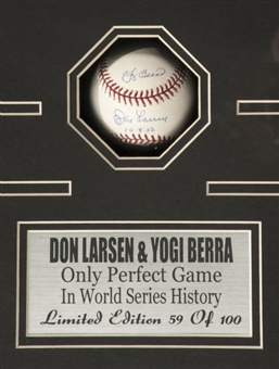 Don Larsen and Yogi Berra Signed and Inscribed Baseball In Perfect Game Framed Display